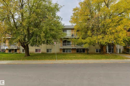 Multi-story building featuring balconies with white railings, a ground-level entrance with a glass door, and a grass lawn with mature trees - #205 10140 151 St Nw, Edmonton, AB - Outdoor With Balcony With Facade
