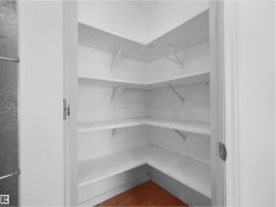 White-painted interior closet with multiple built-in corner shelves - 