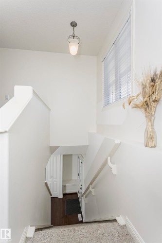 Staircase featuring carpeted treads, a white handrail, and a window with blinds - 2407 Hagen Way Nw, Edmonton, AB 