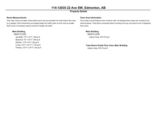 Property Details. Presenting room measurements and floor area information for the property - #114 12035 22 Av Sw, Edmonton, AB 