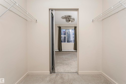 Walk-in closet featuring wire shelving on opposing walls and carpet flooring - #217 304 Ambleside Link Sw, Edmonton, AB 