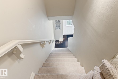 Carpeted staircase with a white handrail and wall-mounted supports - 5319 3 Avenue Sw, Edmonton, AB 