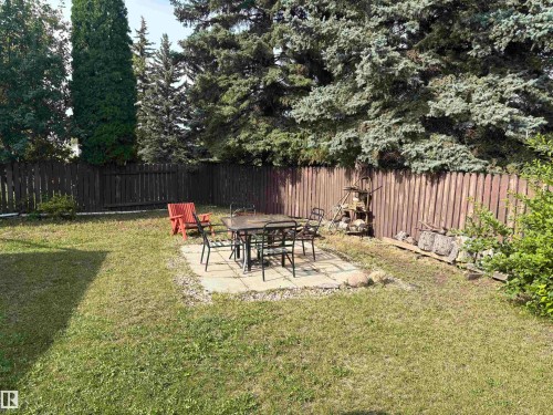 Fenced backyard featuring a paved patio and mature trees - 4027 74 Street Nw, Edmonton, AB 