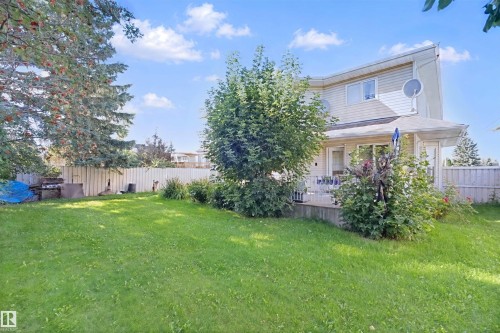 Expansive grass lawn with mature trees, fenced perimeter, and a rear deck - 5107 17 Avenue Nw, Edmonton, AB 