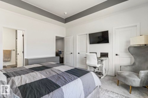 Tray ceiling with accent paint, white walls, and white paneled doors with black hardware - 19703 29 Avenue Nw, Edmonton, AB 