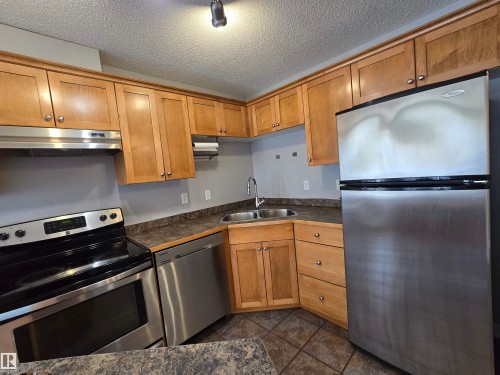 Kitchen featuring wood-finish cabinetry, stainless steel appliances, a double basin sink, and tile flooring - #105 155 Edwards Dr Sw, Edmonton, AB - Indoor Photo Showing Kitchen With Double Sink