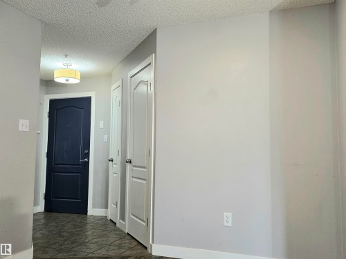 Entryway featuring a dark paneled door, light gray walls, and tile flooring - #105 155 Edwards Dr Sw, Edmonton, AB - Indoor Photo Showing Other Room