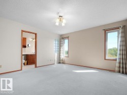 Carpeted flooring, ceiling fan with integrated lighting, multiple windows, and an adjacent bathroom with a vanity and sink - 