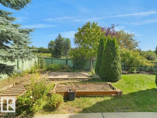 Expansive green lawn, raised garden beds, mature trees, and a privacy fence - 535 Pardee Bay Nw, Edmonton, AB 