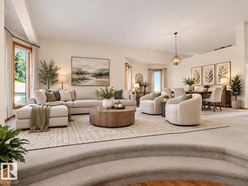 AI GENERATED PHOTO -Open-concept living and dining areas featuring vaulted ceilings, large windows, and a carpeted living room with a distinct stepped entry - 535 Pardee Bay Nw, Edmonton, AB 
