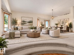 AI GENERATED PHOTO -Open-concept living and dining areas featuring vaulted ceilings, large windows, and a carpeted living room with a distinct stepped entry - 