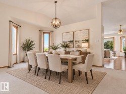 AI GENERATED PHOTO-Vaulted ceiling with an orb chandelier, bay window, light carpeting, wood-frame windows, and a hardwood flooring transition - 