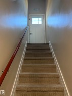 Carpeted staircase with a wood-finish handrail leading to an entryway door featuring a multi-pane frosted glass window and a flush-mount ceiling light fixture - 