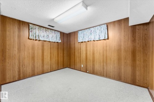Wood-finish wall paneling, white textured ceiling, and light-colored carpet flooring - 11311 Malmo Road Nw, Edmonton, AB 