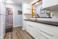 Kitchen featuring modern white cabinetry, dark countertops, a stainless steel sink, and wood-finish flooring - 