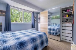 Bedroom featuring a large window, light blue wall paint, and brown carpet flooring - 