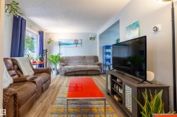 Bright living space featuring wood-finish flooring, a large window, a built-in wall niche, and a thermostat - 