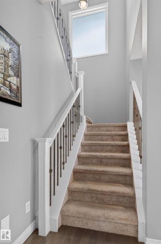 Staircase featuring carpeted treads, white newel posts, and decorative metal balusters - 22933 94A Avenue Nw, Edmonton, AB 