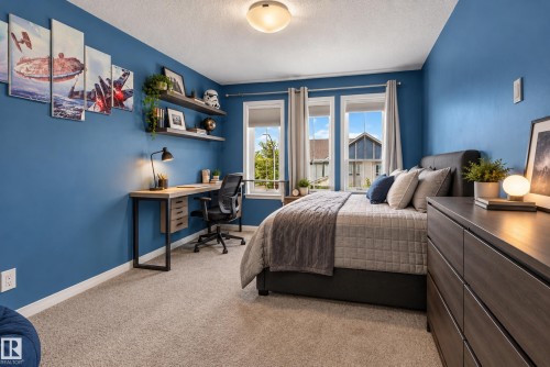 Carpeted bedroom featuring multiple windows, a ceiling-mounted light fixture, and built-in wall shelving - 22933 94A Avenue Nw, Edmonton, AB 