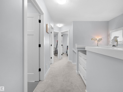 Plush carpet flooring, recessed lighting, and white paneled doors with matte black hardware - 6656 Cardinal Rd Sw, Edmonton, AB 