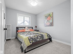 Neutral wall color, window with blinds, overhead lighting, and carpeted flooring - 