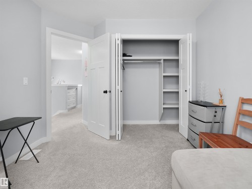 Light gray wall paint, carpeting, bi-fold closet doors, built-in shelving, and white trim - 6656 Cardinal Rd Sw, Edmonton, AB 