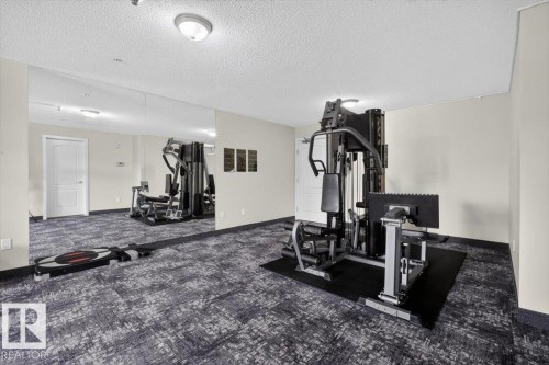 Dedicated fitness room featuring wall-to-wall mirrors and a multi-station gym system - #316 392 Silver Berry Rd Nw, Edmonton, AB - Indoor Photo Showing Gym Room