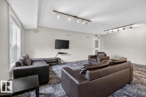 Common room featuring textured wall paneling, track lighting, and patterned carpeting - #316 392 Silver Berry Rd Nw, Edmonton, AB - Indoor Photo Showing Living Room