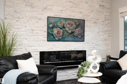 Stacked stone accent wall, linear electric fireplace, window with blinds - 9232 224 St Nw Nw, Edmonton, AB 