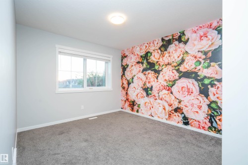 Room featuring a full wall mural, carpeting, and a window with white trim - 9232 224 St Nw Nw, Edmonton, AB 
