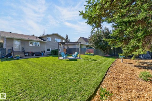 Expansive grassy yard with a wood chip border, mature trees, and a wooden pergola - 18316 71 Avenue Nw, Edmonton, AB 