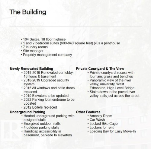Marketing Brochure, Property Details Section. Listing specifications, renovations, and amenities for the property - #1102 9916 113 St Nw, Edmonton, AB 