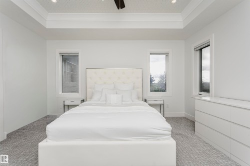 Tray ceiling with recessed lighting, patterned carpet flooring, and multiple windows - 9107 181 Avenue Nw, Edmonton, AB 