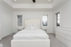 Tray ceiling with recessed lighting, patterned carpet flooring, and multiple windows - 