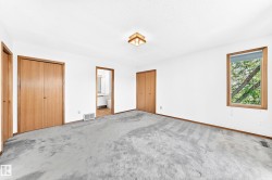 Wall-to-wall carpeting, wood-finish trim, and a flush-mount ceiling light fixture - 