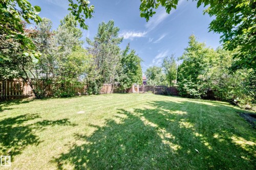 Expansive lawn area surrounded by mature trees and a wood fence - 4208 Ramsay Road Nw, Edmonton, AB 