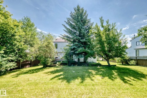 Expansive grassy yard with mature trees and a wooden fence - 4208 Ramsay Road Nw, Edmonton, AB 