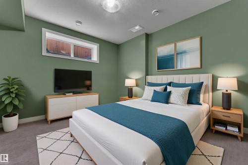Recessed window, wood-finish flooring, ceiling-mounted light fixture, upholstered headboard, built-in shelving in nightstand - 11421 82 Street Nw, Edmonton, AB 