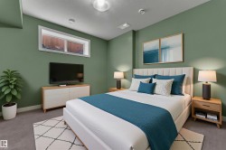 Recessed window, wood-finish flooring, ceiling-mounted light fixture, upholstered headboard, built-in shelving in nightstand - 