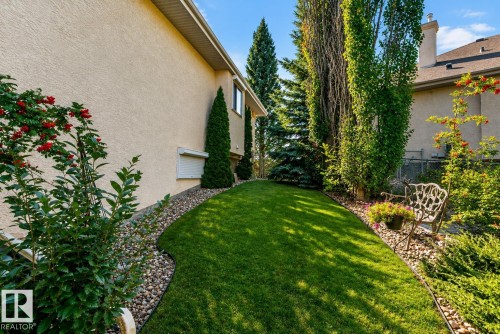 Manicured lawn with a curved stone-lined bed, mature trees, and shrubs with red berries - 941 Picard Drive Nw, Edmonton, AB 