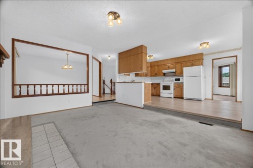 Carpeted living area with tile hearth, recessed kitchen with wood-finish cabinetry, and a wood-railed half-wall - 2907 49 Street Nw, Edmonton, AB 