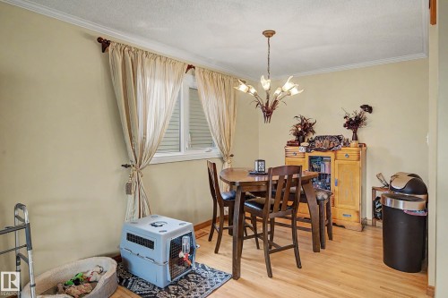 Recessed window, crown molding, hardwood flooring, and a decorative chandelier - 11431 51 Avenue Nw, Edmonton, AB 