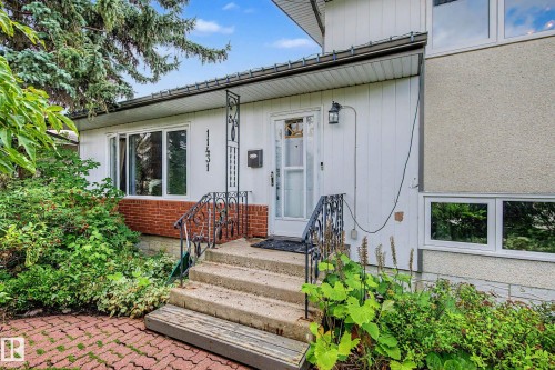 Front exterior featuring concrete steps with wrought iron railings, a covered entrance, a brick planter, and a mature tree - 11431 51 Avenue Nw, Edmonton, AB 