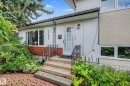 Front exterior featuring concrete steps with wrought iron railings, a covered entrance, a brick planter, and a mature tree - 11431 51 Avenue Nw, Edmonton, AB 