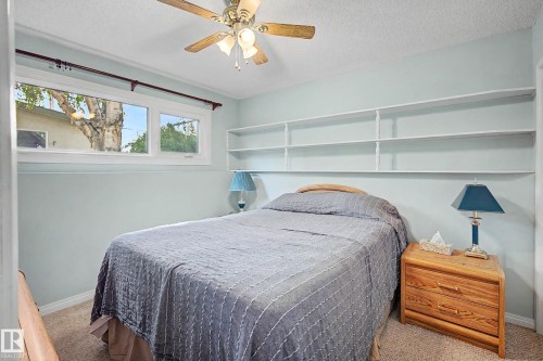 Carpeted flooring, ceiling fan, and built-in shelving - 11431 51 Avenue Nw, Edmonton, AB 