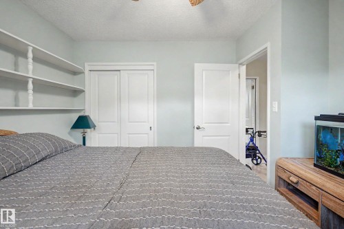 Built-in shelving, white two-panel sliding closet doors, and white two-panel interior door - 11431 51 Avenue Nw, Edmonton, AB 
