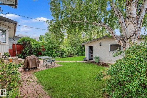 Expansive lawn with mature trees, a detached auxiliary structure, and a brick paver patio - 11431 51 Avenue Nw, Edmonton, AB 