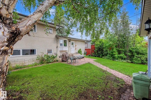 Expansive backyard featuring a manicured lawn, mature trees, and a brick pathway - 11431 51 Avenue Nw, Edmonton, AB 