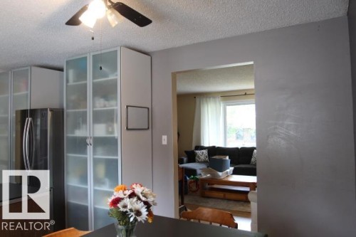 Stainless steel refrigerator, full-height frosted glass cabinetry, and a ceiling fan with integrated lighting - 64 Apache Crescent, Leduc, AB 
