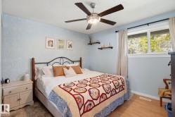Wood-finish flooring, ceiling fan with integrated lighting, double-paned window, and floating wall shelves - 